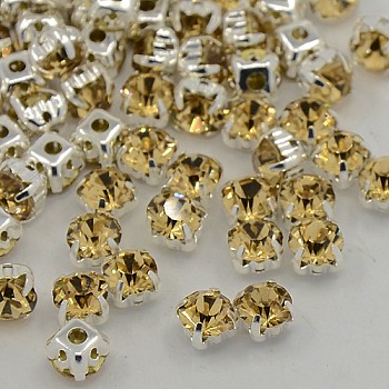 Sew on Rhinestone, Grade A Glass Rhinestone, with Brass Prong Settings, Garments Accessories, Silver Color Plated Metal Color, Light Colorado Topaz, 5.44~5.61x5.44~5.61mm, Hole: 1mm, about 720pcs/bag