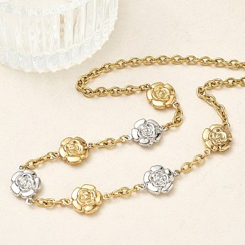 Two Tone 304 Stainless Steel Flower Link Chain Necklaces for Women, Real Gold Plated & Stainless Steel Color, 17.09 inch(43.4cm)