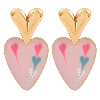 304 Stainless Steel Stud Earrings for Women, with Enamel, Heart, Golden, Pink, 29x16mm