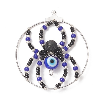 Brass Pendants, with Glass Seed & Evil Eye Lampwork & Natural Lava Rock Beads, Ring with Spider Charms, Blue, 44~48x40~43x8mm, Hole: 1mm and 2mm