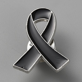 Mourning Ribbon Enamel Pins, Platinum Tone Alloy Brooches for Backpack Clothes, Black, 26x21x1.5mm
