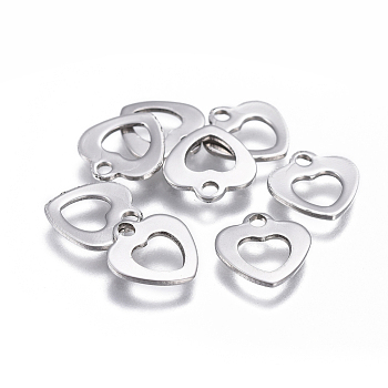 201 Stainless Steel Hollow Charms, Heart, Stainless Steel Color, 10x9.5x0.8mm, Hole: 1.5mm