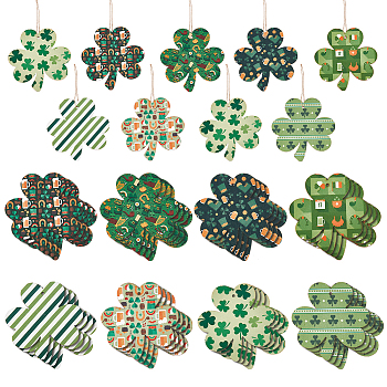 Printed Wood Shamrock Pendant Decrations, with Hemp Rope, for Saint Patrick's Day, Green, Pendant: 8x8x0.15cm, 8pcs