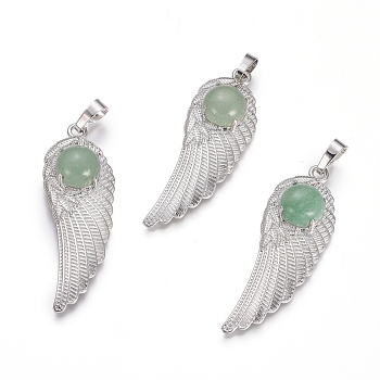 Natural Green Aventurine Pendants, with Platinum Tone Brass Findings, Wing, 47x16x7.5mm, Hole: 7x5mm