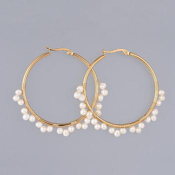 304 Stainless Steel Hoop Earrings, Beaded Hoop Earrings, with Natural Cultured Freshwater Pearl Beads, Ring, Golden, 44.5mm, Pin: 0.6x1mm