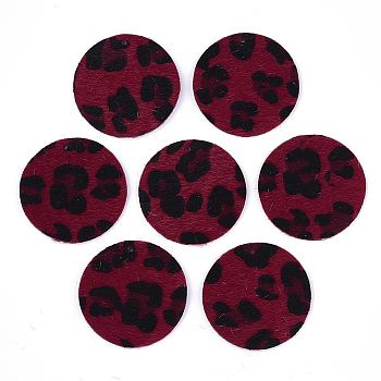 PU Leather Pendants, with Faux Horsehair Fur, Flat Round with Leopard Print Pattern  , FireBrick, 40x2.5mm, Hole: 1.8mm