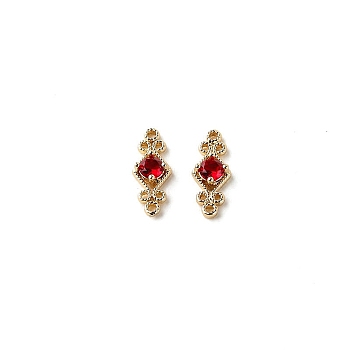 Brass Pave Cubic Zirconia Connector Charms, DIY Jewelry Bracelet Accessories, Golden, Rhombus Links, Red, 16x6mm