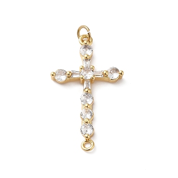 Rack Plating Brass Pave Cubic Zirconia Connector Charms, Cross Links, Lead Free & Cadmium Free, Real 18K Gold Plated, Long-Lasting Plated, Clear, 34x20x4.5mm, Hole: 3.4mm