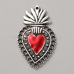 Alloy Enamel Pendants, Antique Silver, Sacred Heart Charm, Red, 39.5x23.5x2mm, Hole: 1.5mm and 1.7mm.(ENAM-WH0061-48B-01AS)