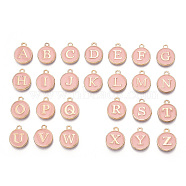 Initial Letter A~Z Alphabet Enamel Charms, Flat Round Disc Double Sided Charms, Golden Plated Enamelled Sequins Alloy Charms, Pink, 14x12x2mm, Hole: 1.5mm, 26pcs/set(ENAM-Q437-04)