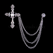 Religion Cross Hanging Chain Brooch with Rhinestone, Alloy Pin for Men's Suit Shirt Collar, Platinum, 33~48mm(WG84516-01)