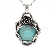 Retro Synthetic Turquoise Pendants, with Antique Silver Plated Brass Findings, Oval with Flower, 40x30x10mm(PW-WG52952-08)