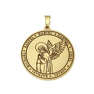 304 Stainless Steel Pendants, Flat Round with Angel Charm, Golden, 38x35x1.5mm, Hole: 7.5x4mm(STAS-C063-06G-01)