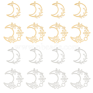 16Pcs 4 Styles 201 Stainless Steel Pendants, Laser Cut Pendants, Moon with Flower & Moon, Mixed Color, 29~38x23.5~35x1mm, Hole: 1.5mm, 4pcs/style(STAS-DC0013-75)