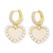 Heart Rack Plating Brass Cubic Zirconia Hoop Earrings with Plastic Pearl Beads, Long-Lasting Plated Dangle Earrings for Women, Lead Free & Cadmium Free, Real 18K Gold Plated, 33mm, Pin: 0.9mm(EJEW-K245-06G)