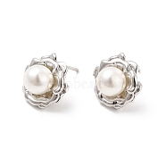 ABS Imitation Pearl Beaded Flower Stud Earrings, Brass Jewelry for Wome, Cadmium Free & Lead Free, Platinum, 15mm, Pin: 0.9mm(EJEW-P213-11P)