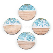 Transparent Resin & White Wood Pendants, Flat Round Charms with Paillettes, Light Sky Blue, 28x3.5mm, Hole: 2mm(RESI-N039-54)