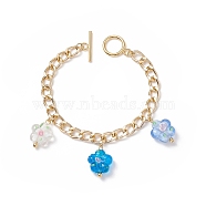 Lampwork Flower Charm Bracelet with Aluminium Curb Chains for Women, Deep Sky Blue, 7-1/2 inch(19cm)(BJEW-TA00176-02)