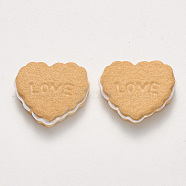 Resin Decoden Cabochons, Imitation Food Biscuits, Heart with Word LOVE, Wheat, 18x20~21x6mm(CRES-N022-02)