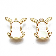 Brass Charms, with Natural Shell, Nickel Free, Rabbit, Real 18K Gold Plated, 13x11.5x2.5mm, Hole: 1mm(KK-S356-320-NF)