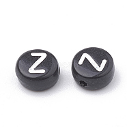 Opaque Acrylic Beads, Horizontal Hole, Alphabet Style, Flat Round, Letter.Z, 7x4mm, Hole: 1.5mm, about 236pcs/32g(X-SACR-N002-02Z)