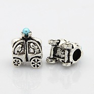 Large Hole Antique Silver Tone Alloy European Beads, with Acrylic Pearl, Car, Cyan, 14x12x9mm, Hole: 4.5mm(PALLOY-J472-01AS)