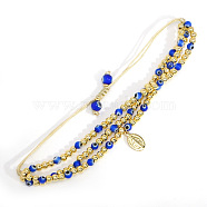 18K Gold Plated Brass Beaded Braided Bead Bracelets, Ethnic Cord Bracelets for Women Men, with Glass Evil Eye Beads, Blue, Inner Diameter: 11 inch(28cm)(VH4974-5)