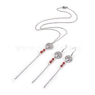 Stainless Steel Jewelry Sets, Pendant Necklaces and Dangle Earrings, with Natural Carnelian and Stainless Steel Findings, Flat Round with Tree of Life, Necklace: 18.1 inch(46cm), Earring: 103mm(SJEW-JS01006-03)