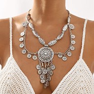 Tibetan Style Alloy Flat Round Bib Necklaces, with Lobster Claw Clasps, Antique Silver, 19.53 inch(49.6cm)(NJEW-L046-04AS)