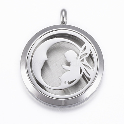 316 Surgical Stainless Steel Diffuser Locket Pendants, with Perfume Pad and Magnetic Clasps, Flat Round with Spirit, Stainless Steel Color, Mixed Color, 36.5~37x30x6~6.5mm, Hole: 5mm, Inner Diameter: 23mm, 12Color/Set(STAS-H418-20P)