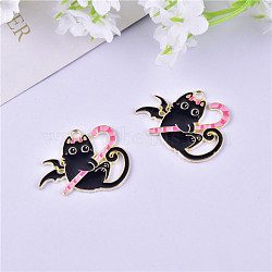 Halloween Theme Alloy Enamel Pendants, Light Gold Tone Cat Charms, Pearl Pink, 31x24mm(HAWE-PW0001-075B)