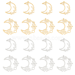 16Pcs 4 Styles 201 Stainless Steel Pendants, Laser Cut Pendants, Moon with Flower & Moon, Mixed Color, 29~38x23.5~35x1mm, Hole: 1.5mm, 4pcs/style(STAS-DC0013-75)