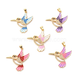 Brass Micro Pave Clear Cubic Zirconia Pendants, with Enamel, Long-Lasting Plated, Real 18K Gold Plated, Bird, Mixed Color, 33.5x31x2mm, Hole: 3x4mm(ZIRC-Z018-09G)