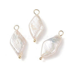 Natural Keshi Pearl Pendants, Rhombus Charm, Cultured Freshwater Pearl, with Real 18K Gold Plated Brass Loops, Creamy White, 22.5~24.5x10~10.5x5~5.5mm, Hole: 2~2.5mm(X-PALLOY-JF01932)