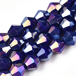 Opaque Solid Color Electroplate Glass Beads Strands, AB Color Plated, Faceted, Bicone, Midnight Blue, 6x5.5mm, Hole: 1mm, about 46~49pcs/strand, 10.04~10.63 inch(25.5~27cm)(EGLA-A039-P6mm-B10)