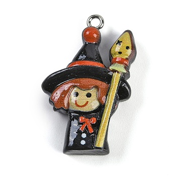 Halloween Theme Resin Pendants, with Platinum Iron Findings, Witch, 32x20.5x7.5mm, Hole: 2mm