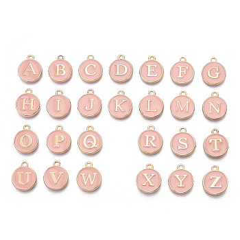 Initial Letter A~Z Alphabet Enamel Charms, Flat Round Disc Double Sided Charms, Golden Plated Enamelled Sequins Alloy Charms, Pink, 14x12x2mm, Hole: 1.5mm, 26pcs/set