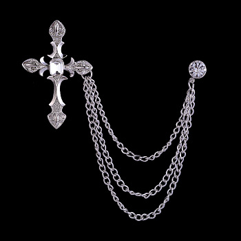 Religion Cross Hanging Chain Brooch with Rhinestone, Alloy Pin for Men's Suit Shirt Collar, Platinum, 33~48mm