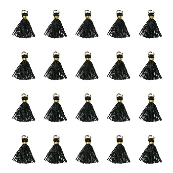 Polycotton(Polyester Cotton) Tassel Pendant Decorations, Mini Tassel, with Iron Findings and Metallic Cord, Black, 10~15x2~3mm, Hole: 1.5mm