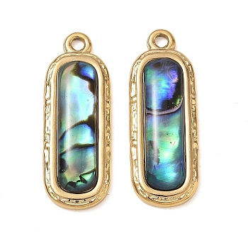 Natural Paua Shell Pendants, Rectangle Charm, with 304 Stainless Steel Findings, Ion Plating(IP), Long-Lasting Plated, 28x10.5x4.5mm, Hole: 1.8mm