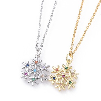 304 Stainless Steel Pendant Necklaces, with Cubic Zirconia, Cable Chains and Lobster Claw Clasps, Christmas Snowflake, Colorful, Golden & Stainless Steel Color, 17.5 inch(44.5cm), 1.5mm