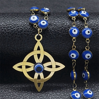 Stainless Steel Witches Knot Wiccan Symbol Pendant Necklaces, with Enamel Evil Eye Link Chains, Golden, 15.75 inch(40cm)