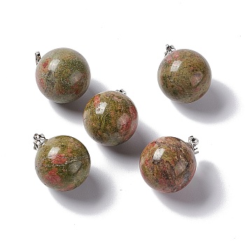 Natural Unakite Pendants, with Platinum Tone Brass Findings, Round Charm, 22x18mm, Hole: 3x6mm