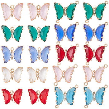 DIY Butterfly Jewelry Making Finding Kit, Including 20Pcs 4 Style Brass Glass Connector Charms & Pendants, Mixed Color, 15.5~20.5x20~21.5x4~5mm, Hole: 1.2~1.8mm, 2Pcs/style