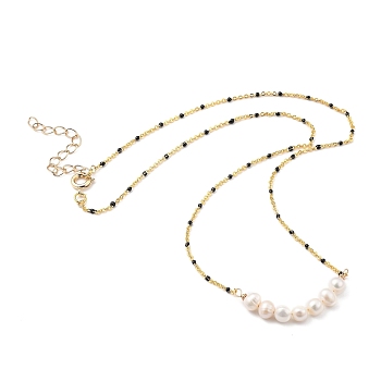 Beaded Necklaces, with Natural Cultured Freshwater Pearl and Brass Enamel Cable Chains, Golden, Black, 18.7 inch(47.5cm)