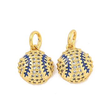 Rack Plating Brass Micro Pave Clear Cubic Zirconia Pendants, with Enamel, Long-Lasting Plated, with Jump Ring, Baseball, Real 18K Gold Plated, 15x10x4mm, Hole: 3mm