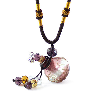 Lampwork Perfume Bottle Pendant Necklace with Glass Beads, Essential Oil Vial Jewelry for Women, Rosy Brown, 17.7~25.59 inch(45~65cm)