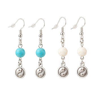 2Pair 2 Style Synthetic Turquoise & Howlite with Yin Yang Long Dangle Earrings, Brass Jewelry for Women, 49~50mm, Pin: 0.7mm, 1 Pair/style