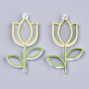 Transparent Clear Acrylic Pendants, 3D Printed, with Film on the Back, Tulip Flower, Yellow, 44x26x3mm, Hole: 1.6mm