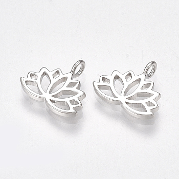 Brass Charms, Lotus Flower, Nickel Free, Real Platinum Plated, 10.5x12.5x1mm, Hole: 1.8mm